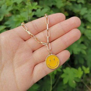 Yellow Smiley Face Paperclip Necklaces, Gold Chain  - Positive Happy Jewelry‎